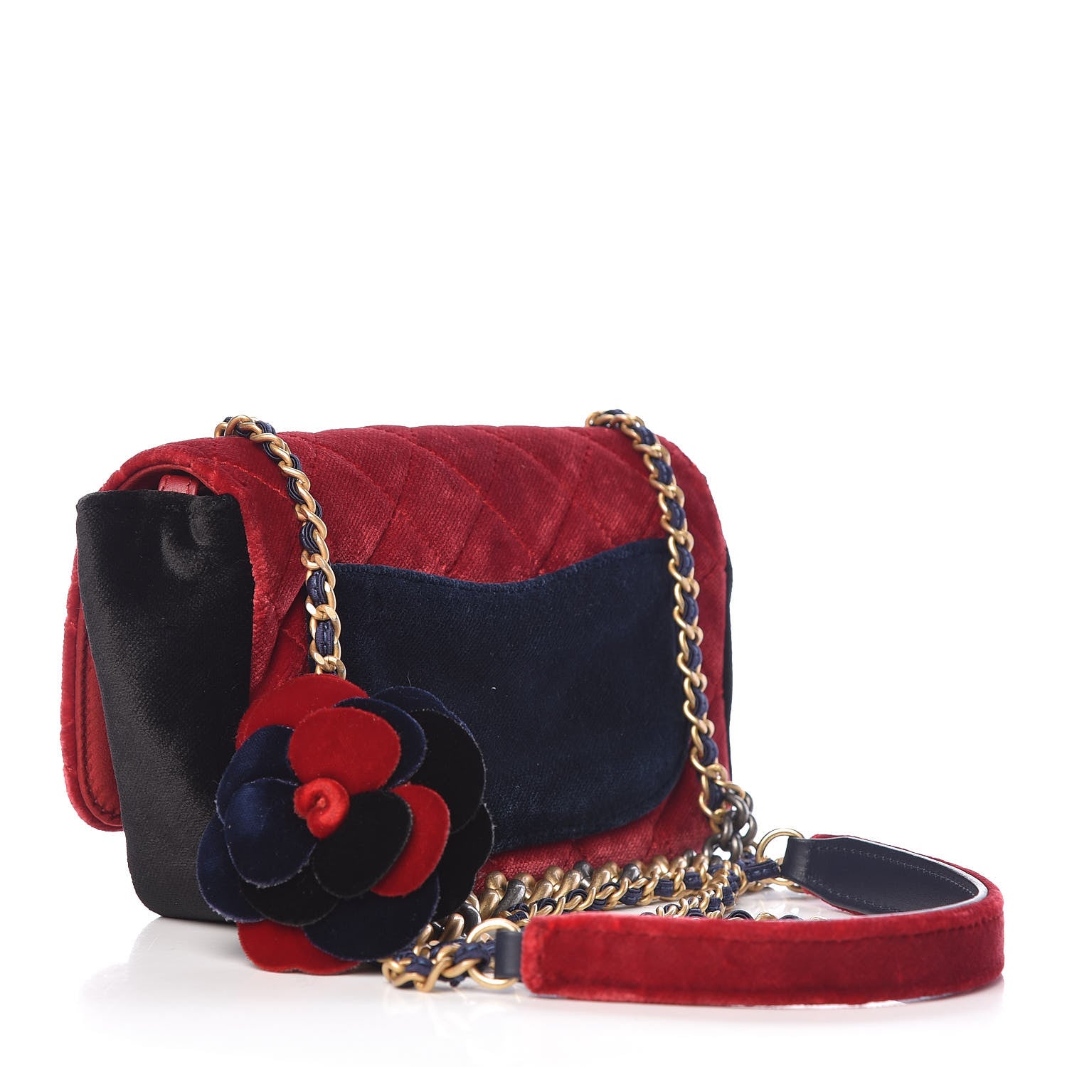 Chanel Velvet Quilted Small Camellia Flap Black Red Blue 4 of 11