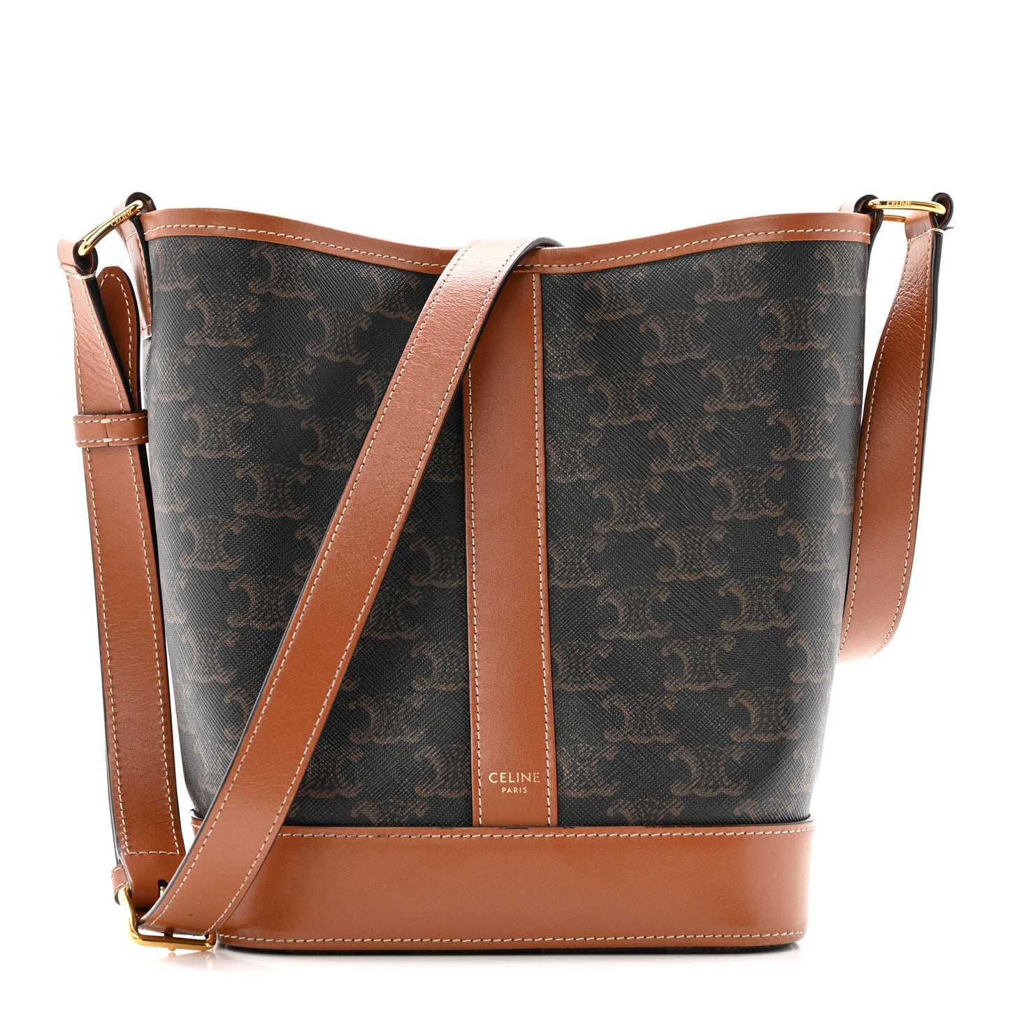 Triomphe Canvas Calfskin Small Bucket Bag Tan