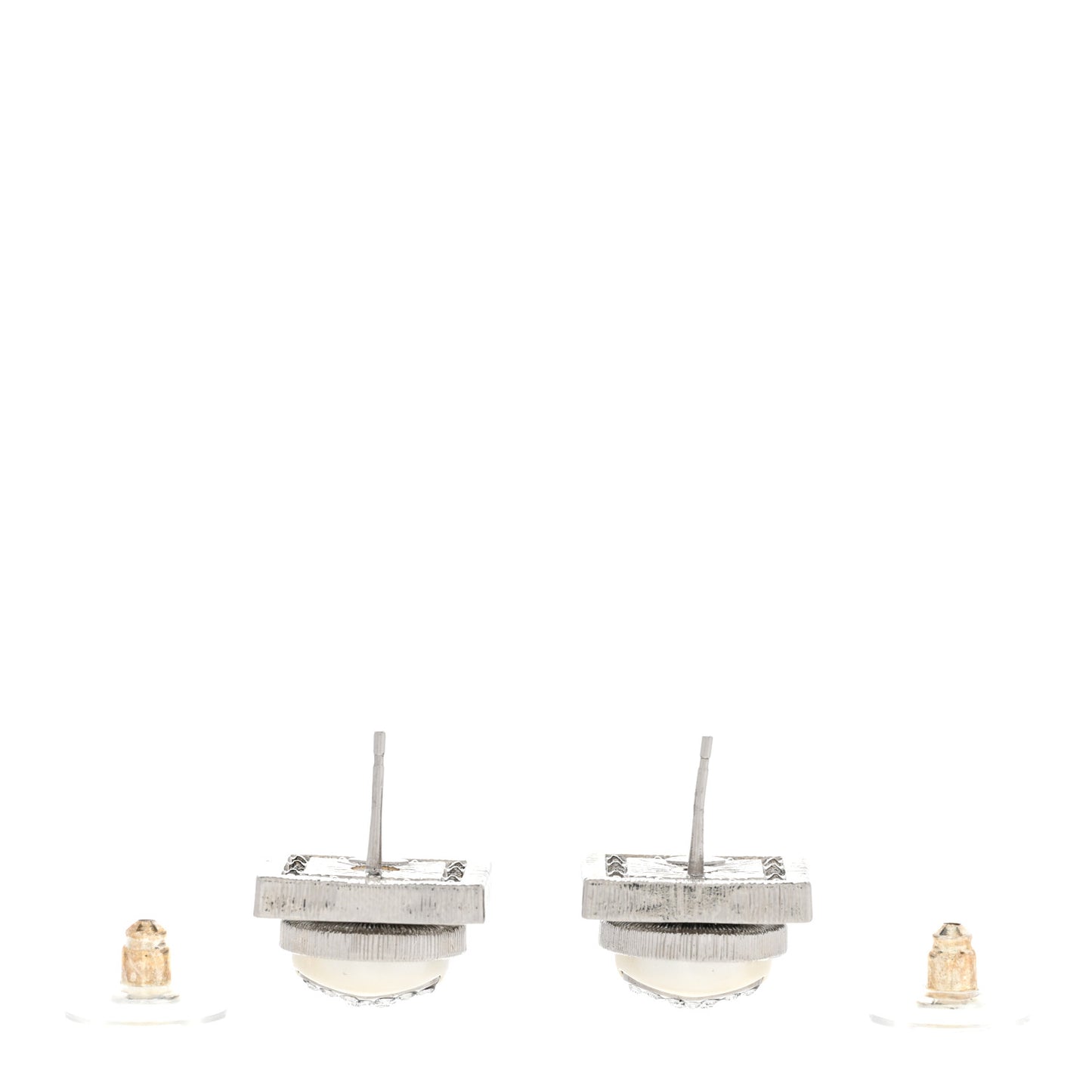 Pearl Baguette Crystal CC Square Earrings Silver White