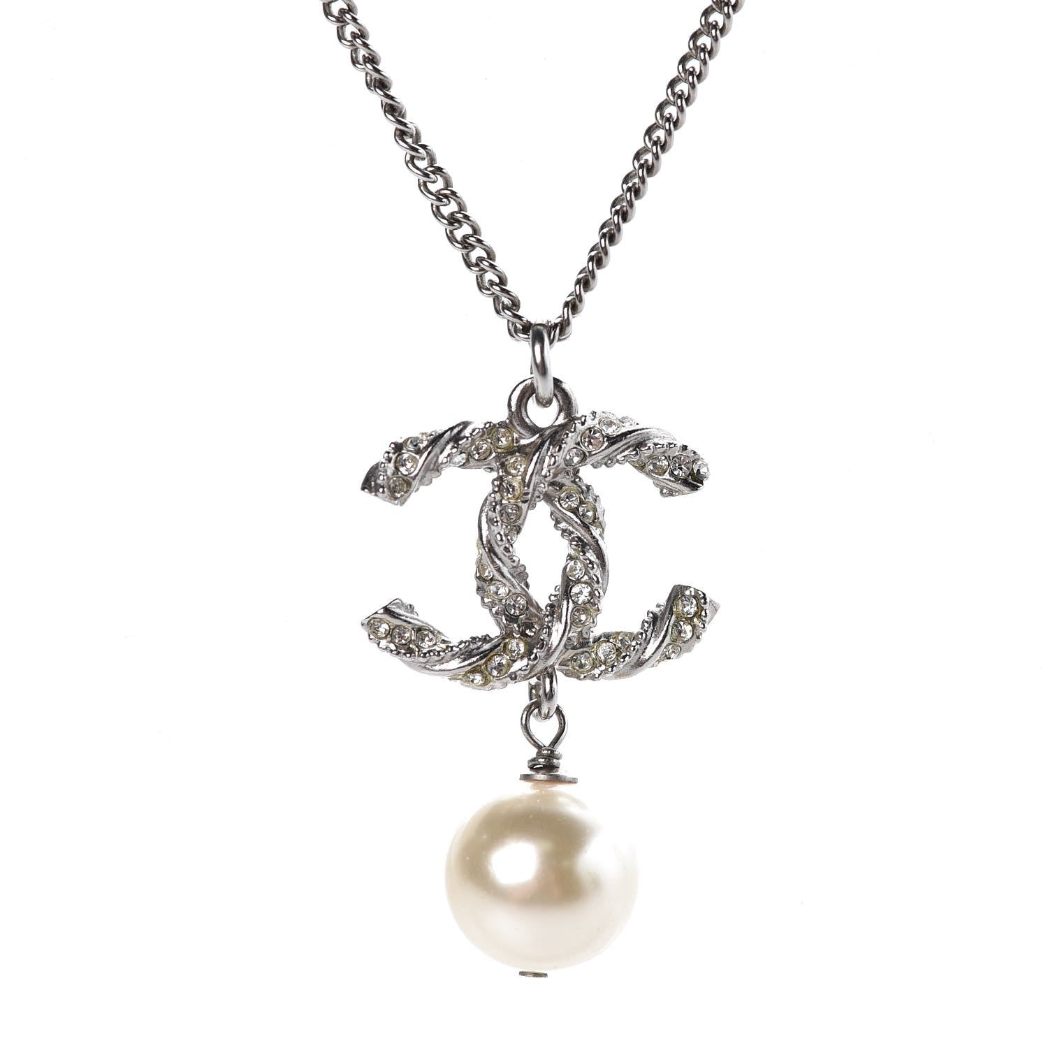 Chanel Crystal Pearl Twisted CC Drop Necklace Silver 4 of 6