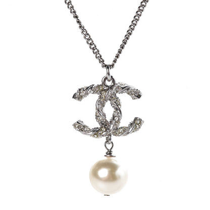 Chanel Crystal Pearl Twisted CC Drop Necklace Silver 4 of 6