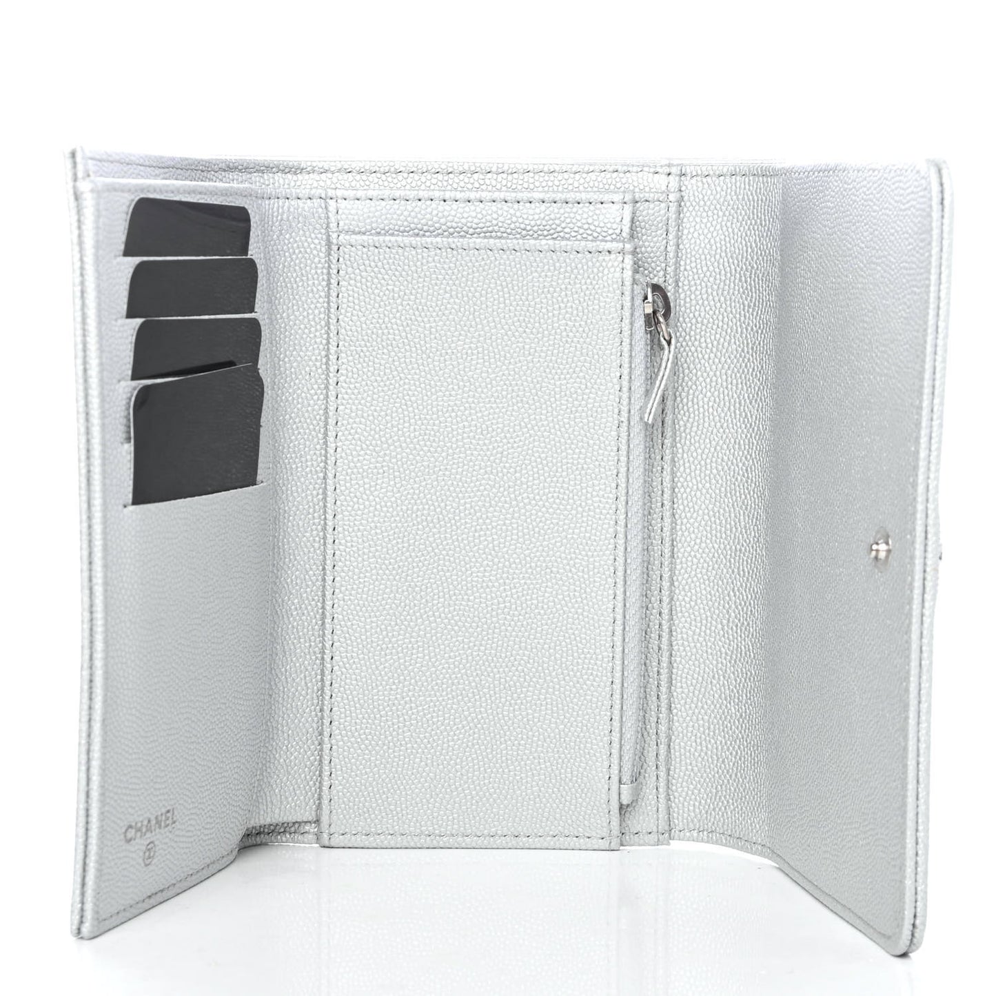 Metallic Caviar Chevron Quilted Mademoiselle Vintage Flap Wallet Silver