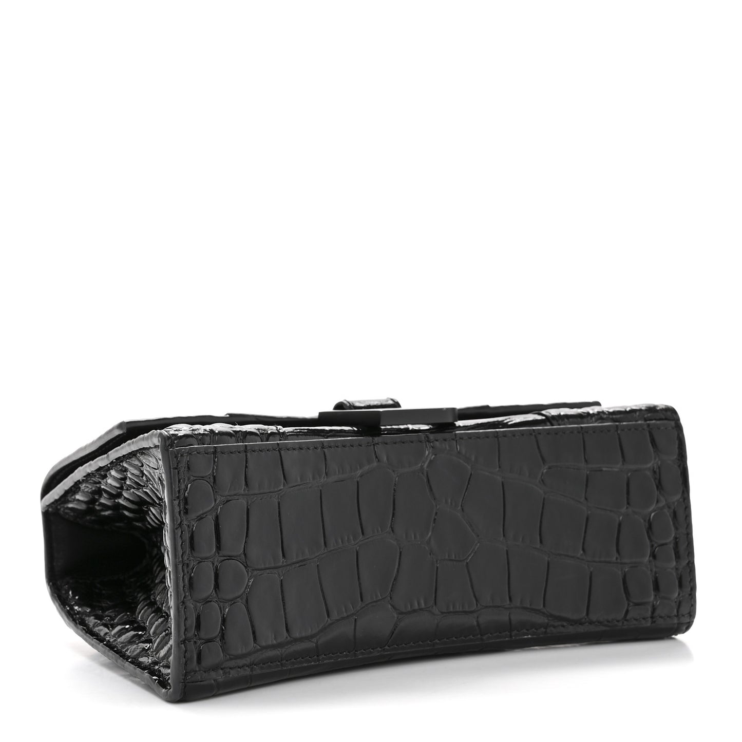 Shiny Calfskin Monochrome Crocodile Embossed Hourglass Top Handle Bag XS Black