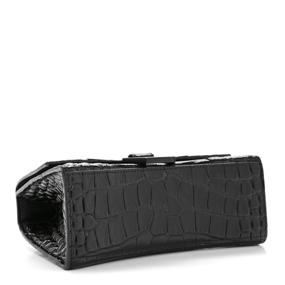Balenciaga Shiny Calfskin Monochrome Crocodile Embossed Hourglass Top Handle Bag XS Black 4 of 15