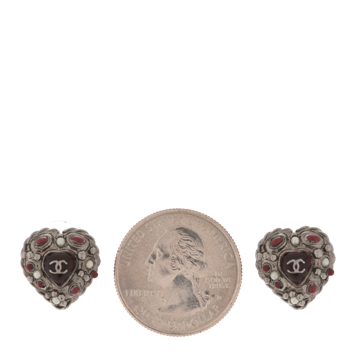 Chanel Pearl Enamel Heart CC Earrings Black Silver 2 of 5