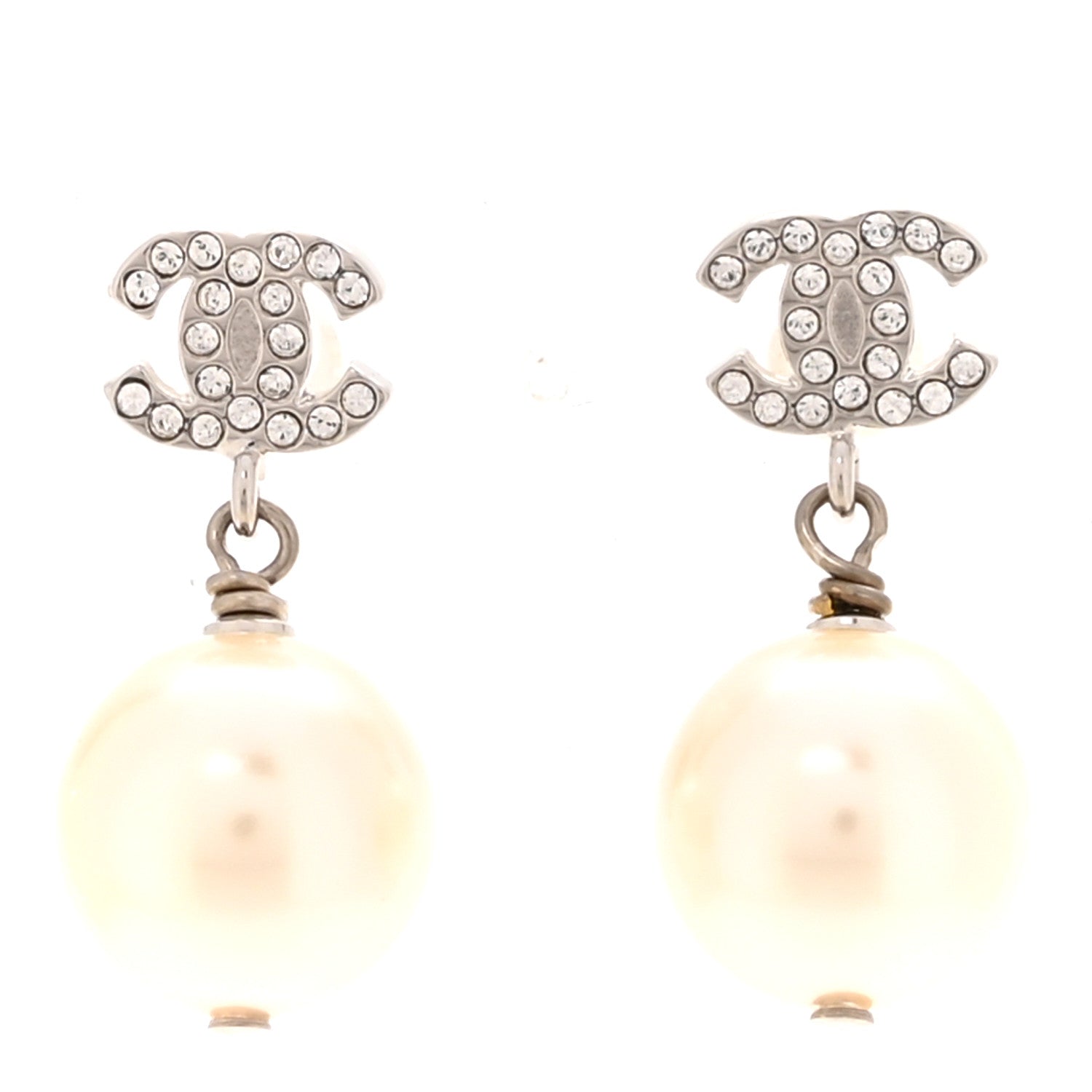 Chanel Crystal Pearl CC Drop Earrings Silver 1 of 5