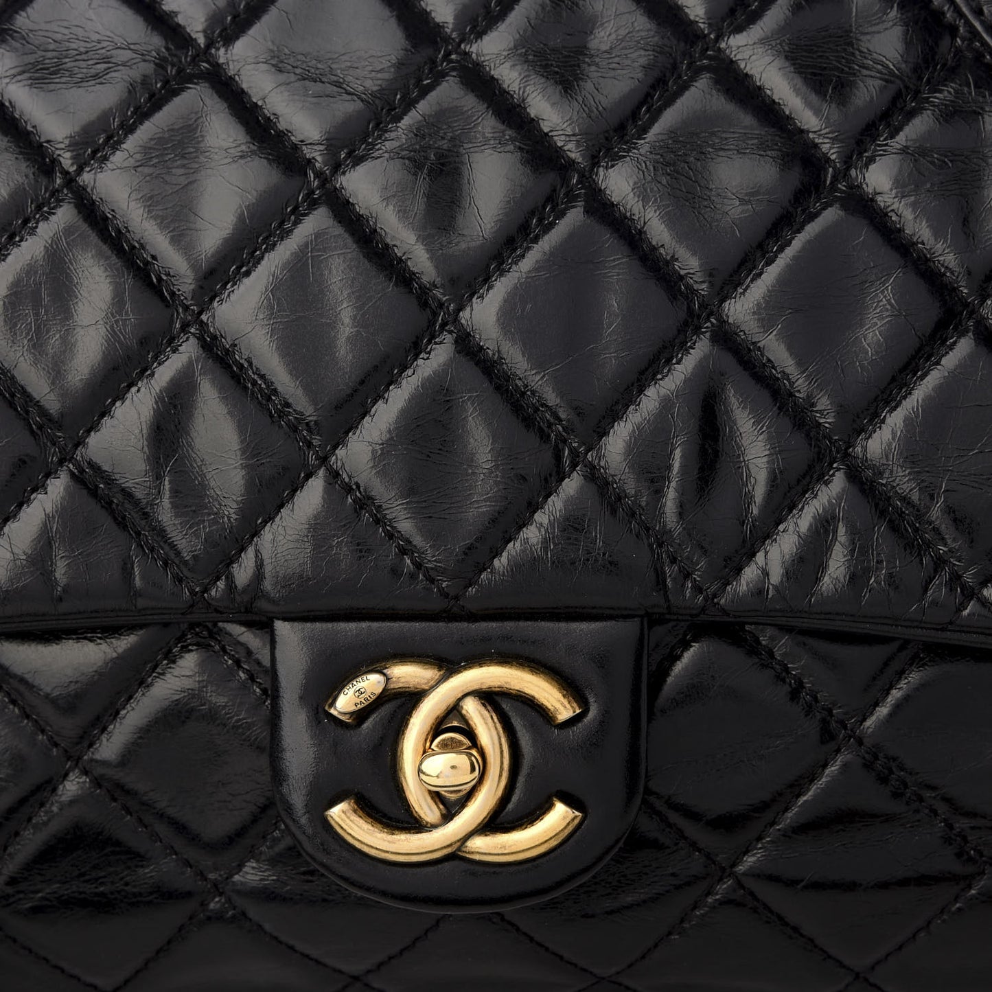 Glazed Calfskin Castle Rock Medium Flap Black