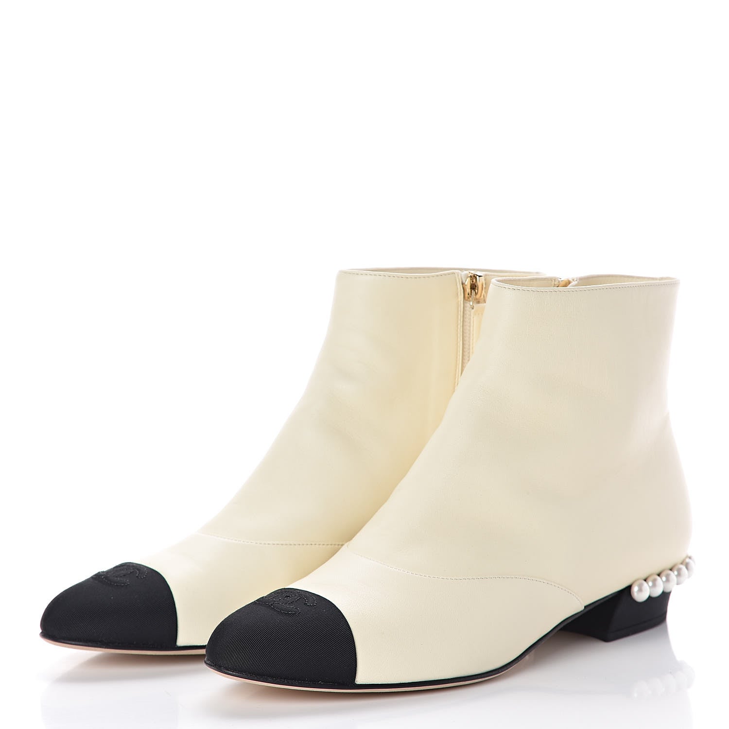 Chanel Lambskin Grosgrain Pearl Cap Toe Short Boots 40 Ivory Black 3 of 9