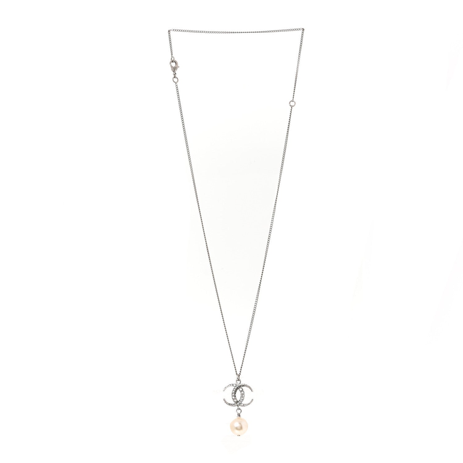 Chanel Crystal CC Pearl Drop Necklace Silver 3 of 5