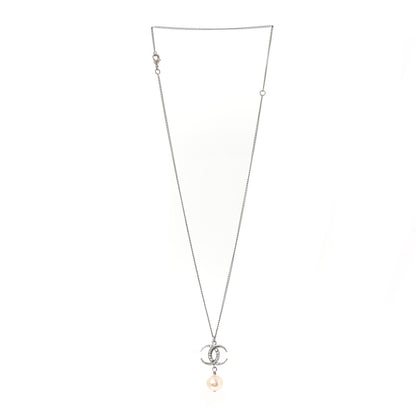 Chanel Crystal CC Pearl Drop Necklace Silver 3 of 5