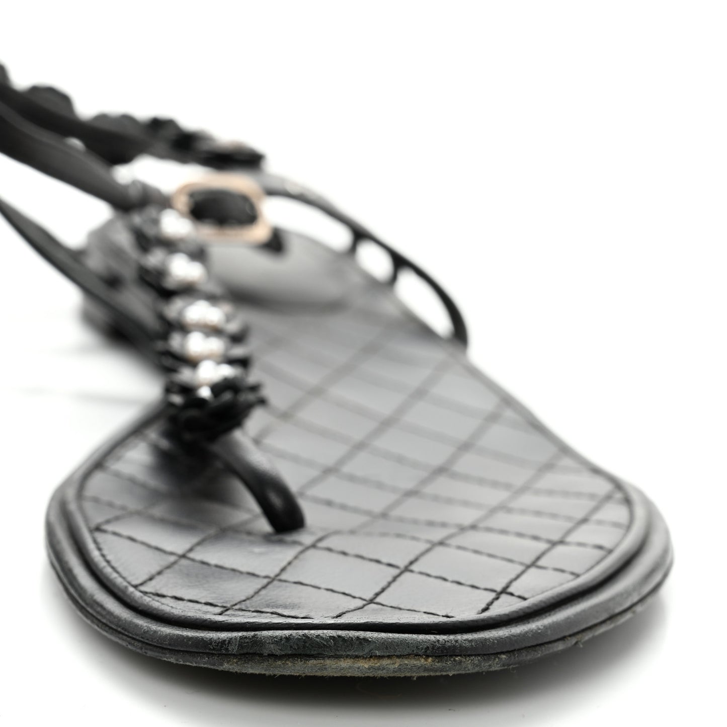 Lambskin Pearl Camellia Thong Sandals 41.5 Black