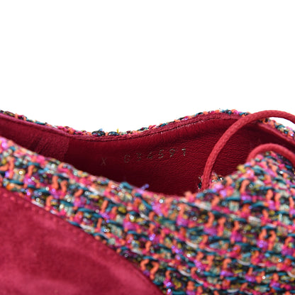 Chanel Tweed Calfskin Pearl Lace Up Sneakers 38.5 Fuchsia Orange Green Red 9 of 9