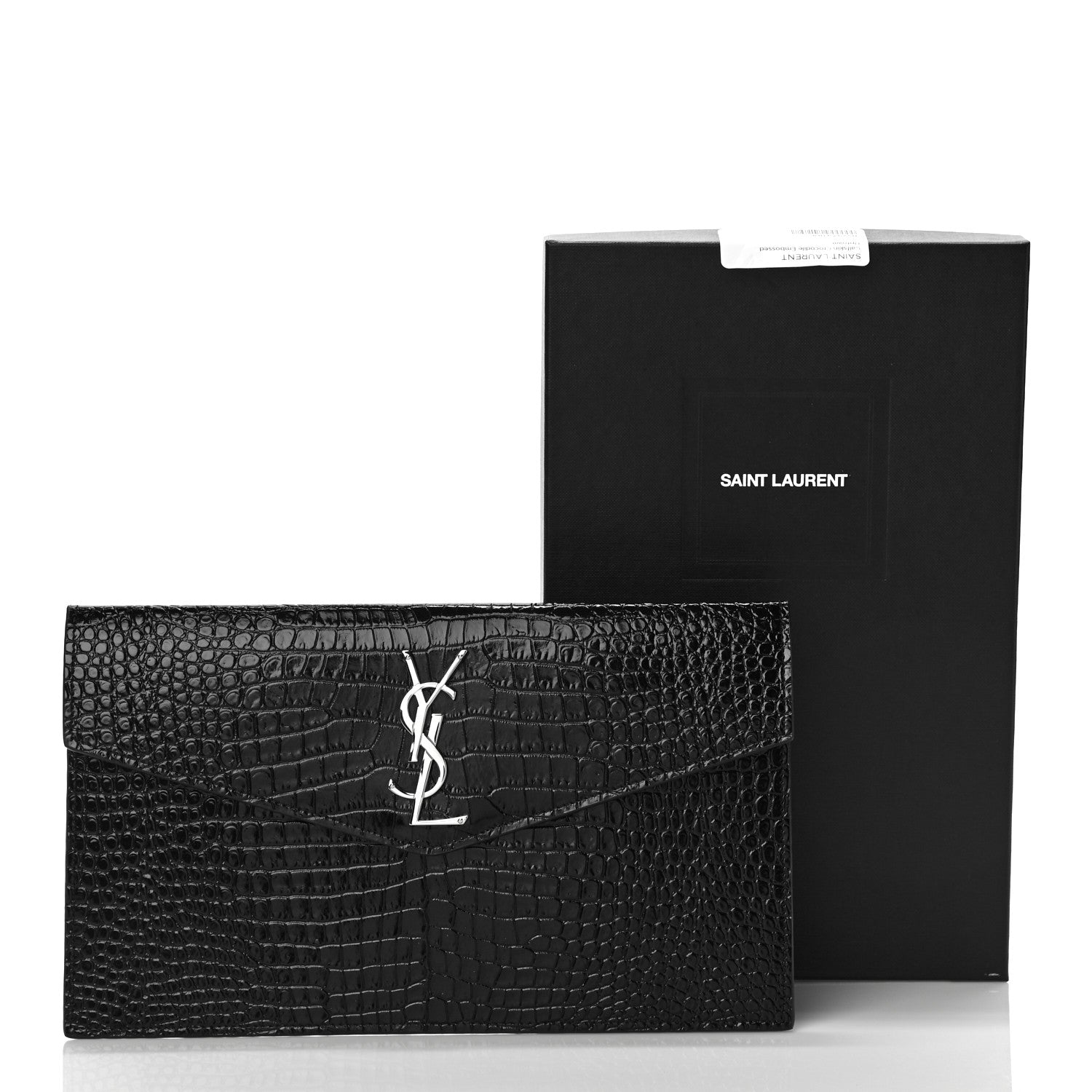 Saint Laurent Calfskin Crocodile Embossed Uptown Monogram Clutch Black 10 of 10