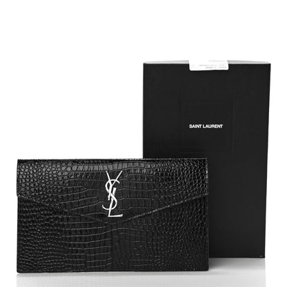 Saint Laurent Calfskin Crocodile Embossed Uptown Monogram Clutch Black 10 of 10