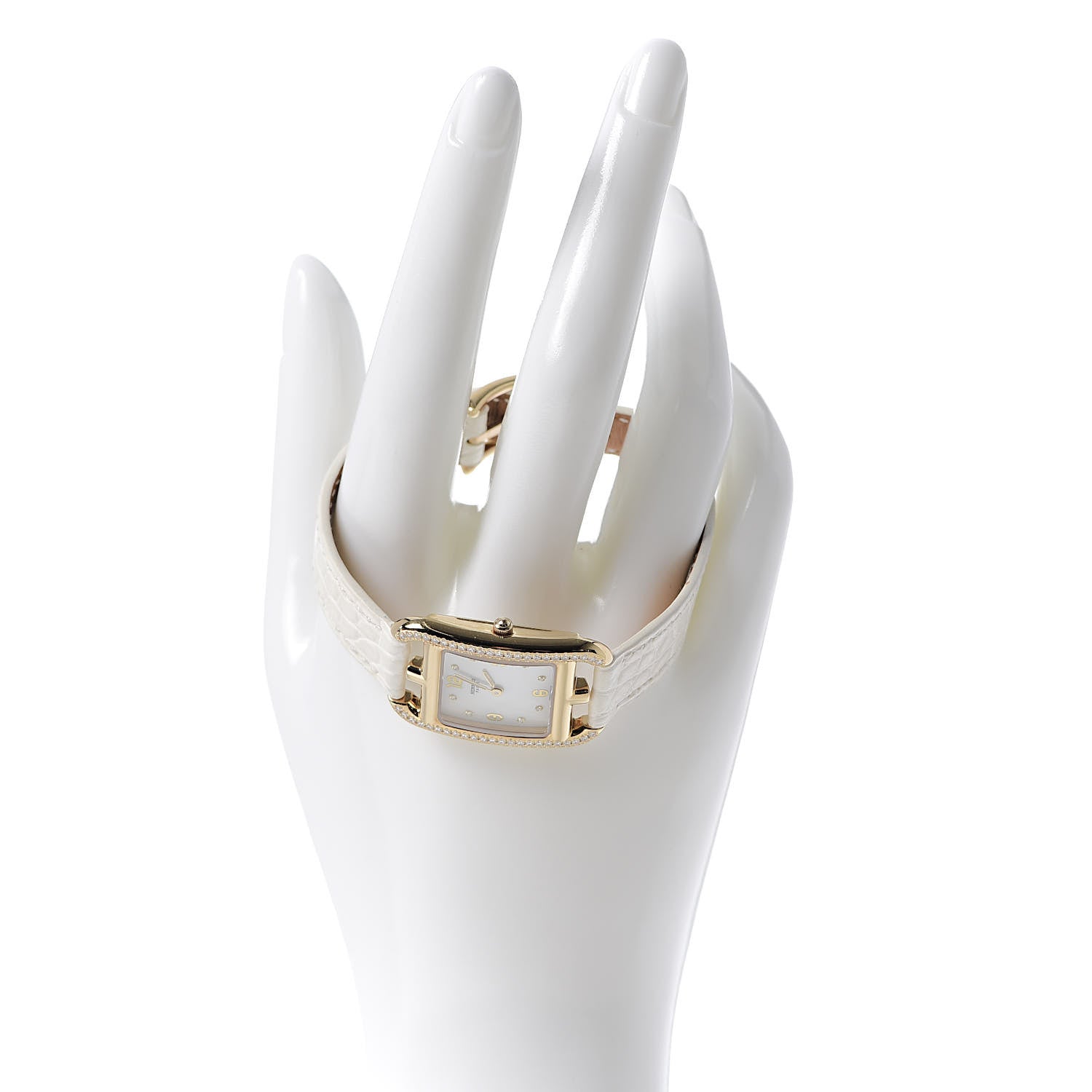 Hermes 18K Yellow Gold Alligator Diamond Bezel Mother of Pearl 23mm Cape Cod Quartz Watch Blanc 2 of 8