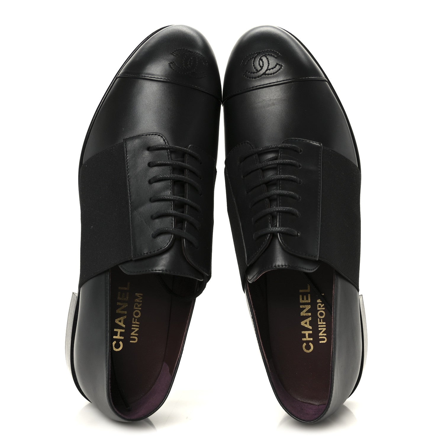 Chanel Calfskin Elastic Lace Up Cap Toe CC Loafers 39 Black 2 of 9