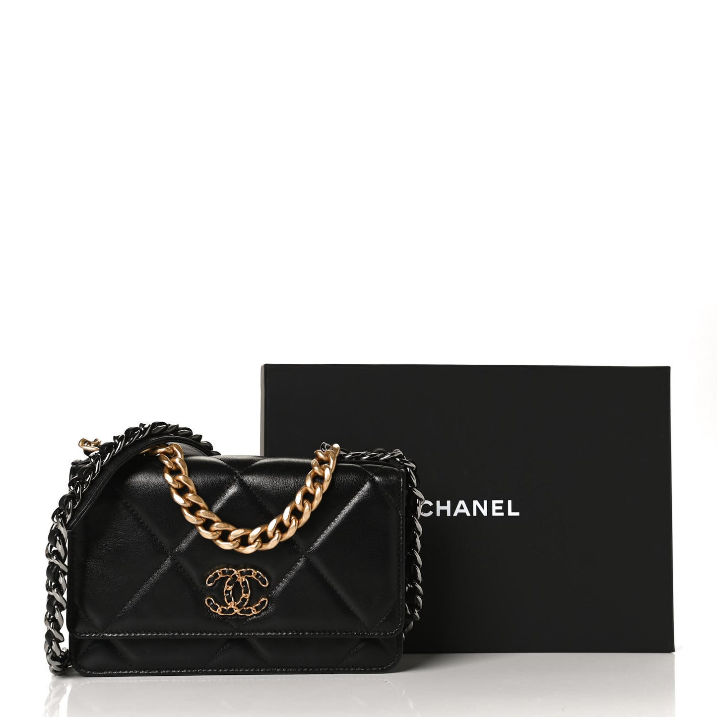 Shiny Goatskin Quilted Chanel 19 Wallet On Chain WOC Black