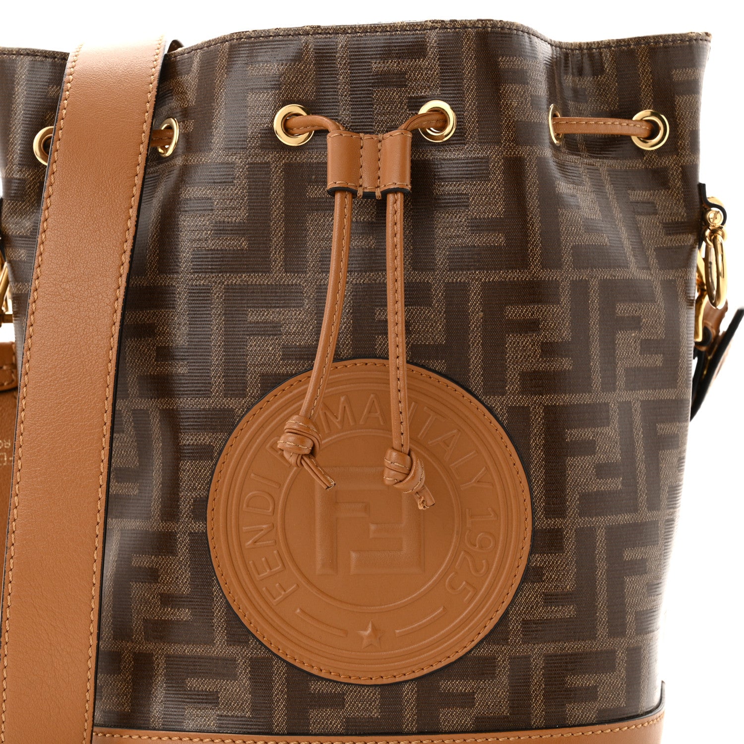 Fendi Glazed Fabric Vitello Grace F is Fendi FF 1974 Stamp Patch Grande Mon Tresor Bucket Bag Mogano Panna Nocciola 8 of 11