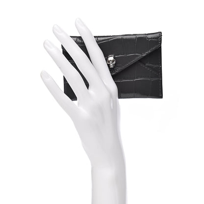 Alexander McQueen Calfskin Crocodile Embossed Skull Envelope Card Holder Grey 2 of 9