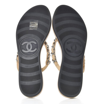 Chanel Suede Calfskin Quilted Chain Thong Sandals 38 Beige 5 of 7