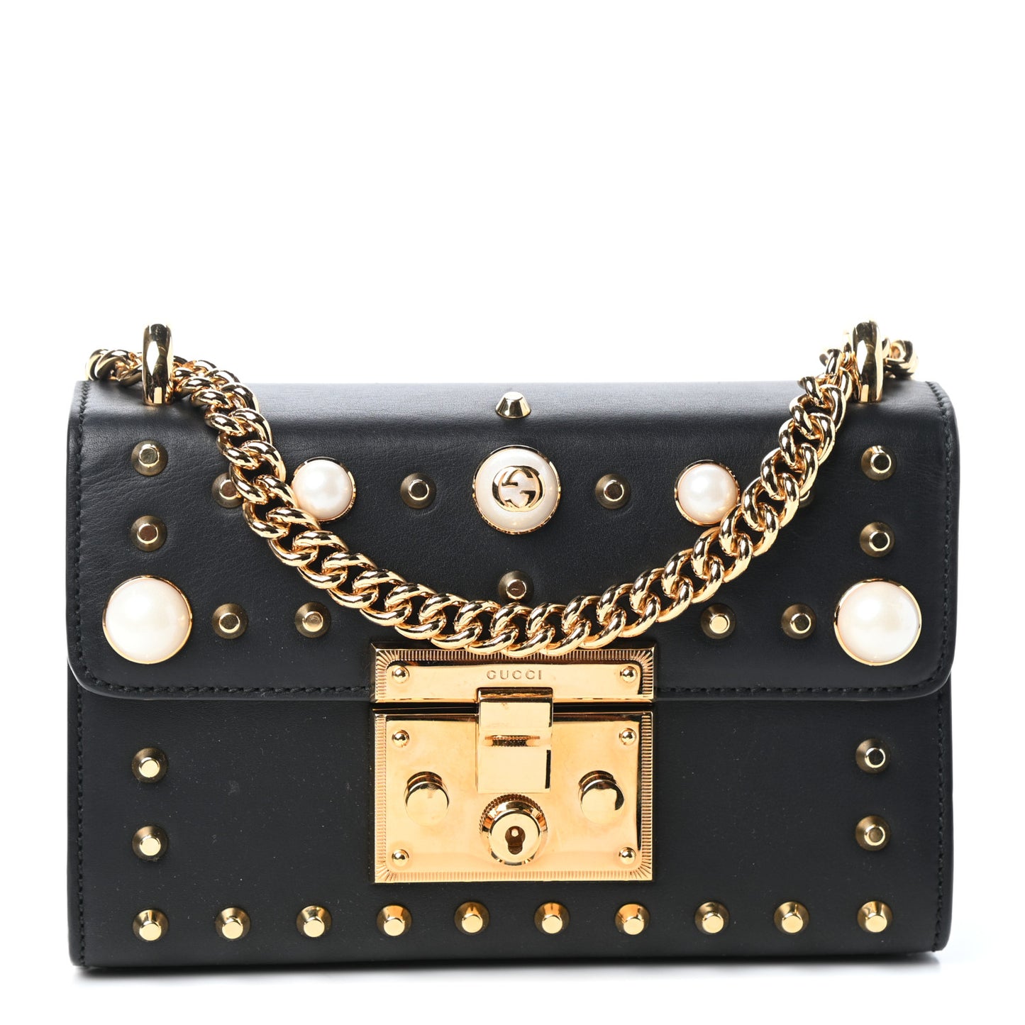 Calfskin Studded Small Padlock Shoulder Bag Black