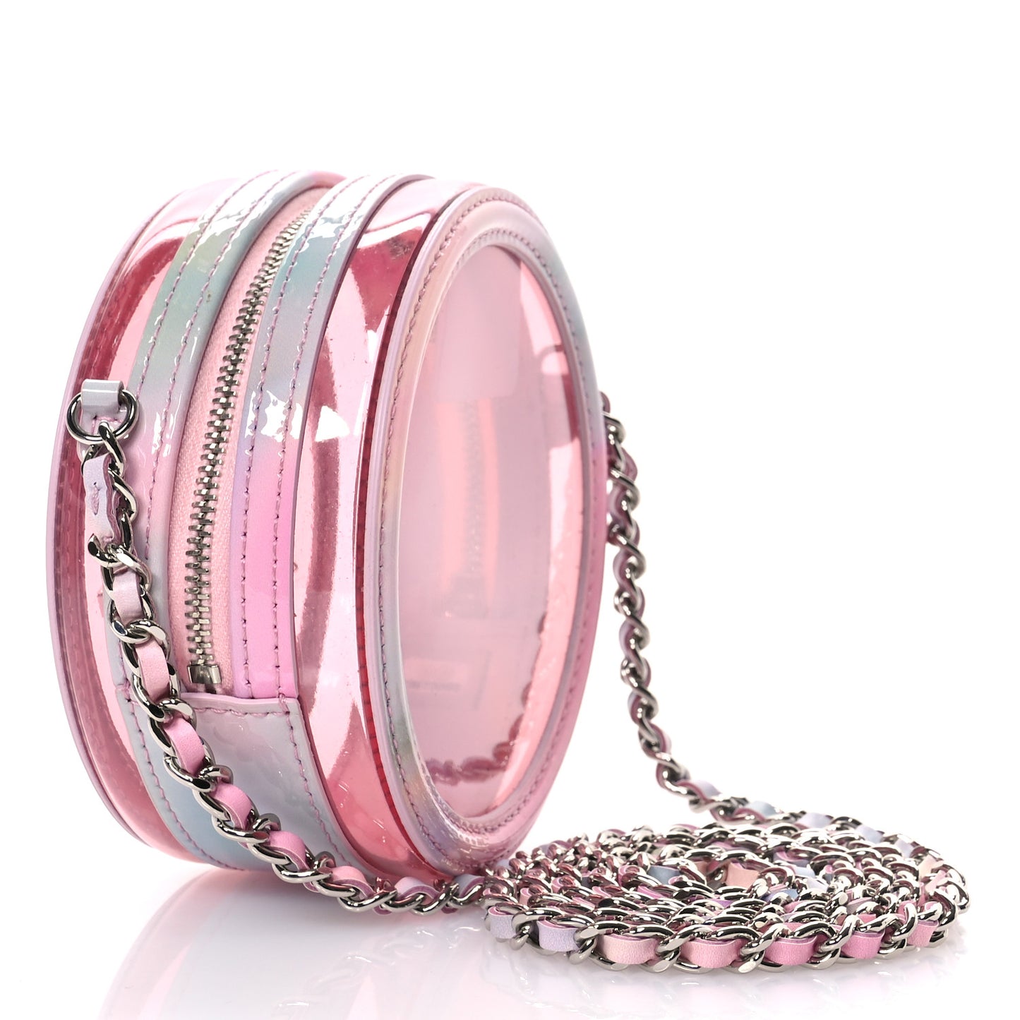 PVC Lambskin Filigree Round Clutch With Chain Pink