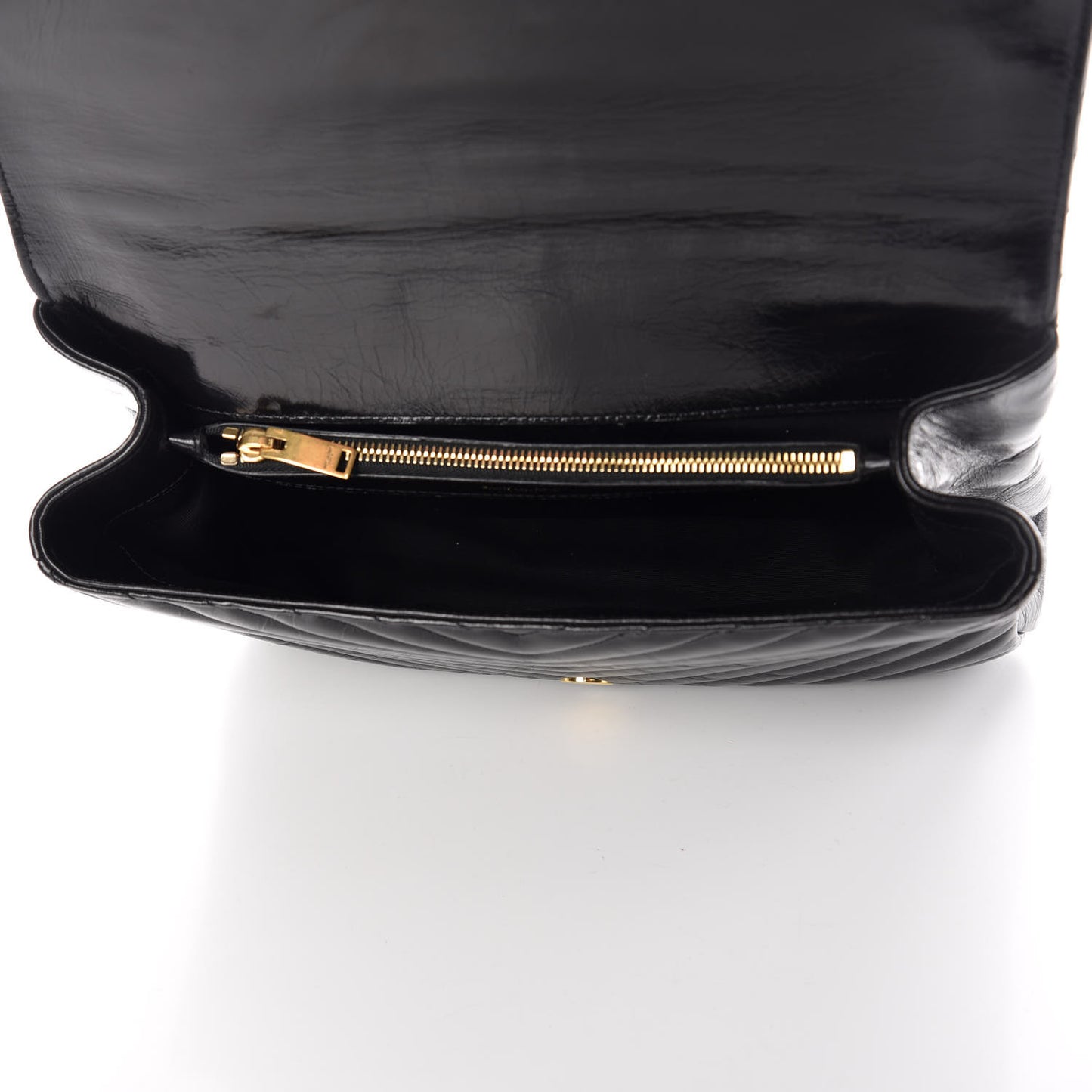 Cracked Shiny Calfskin Matelasse Chevron Monogram Large College Satchel Black