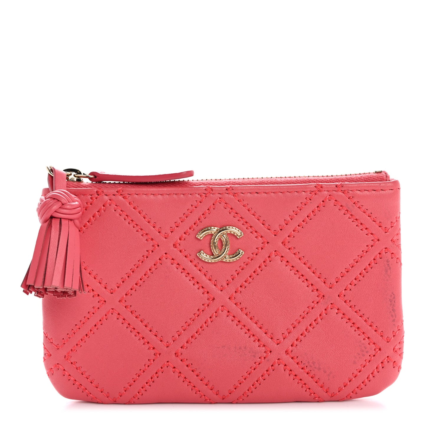 Lambskin Stitched Tassel Small Cosmetic Case Pink