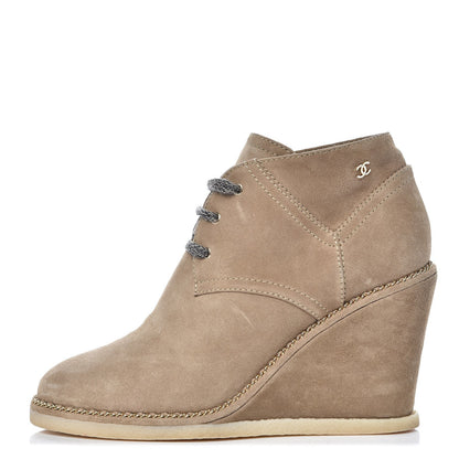 Chanel Suede Calfskin Lace Up Wedge Booties 41 Beige 1 of 10