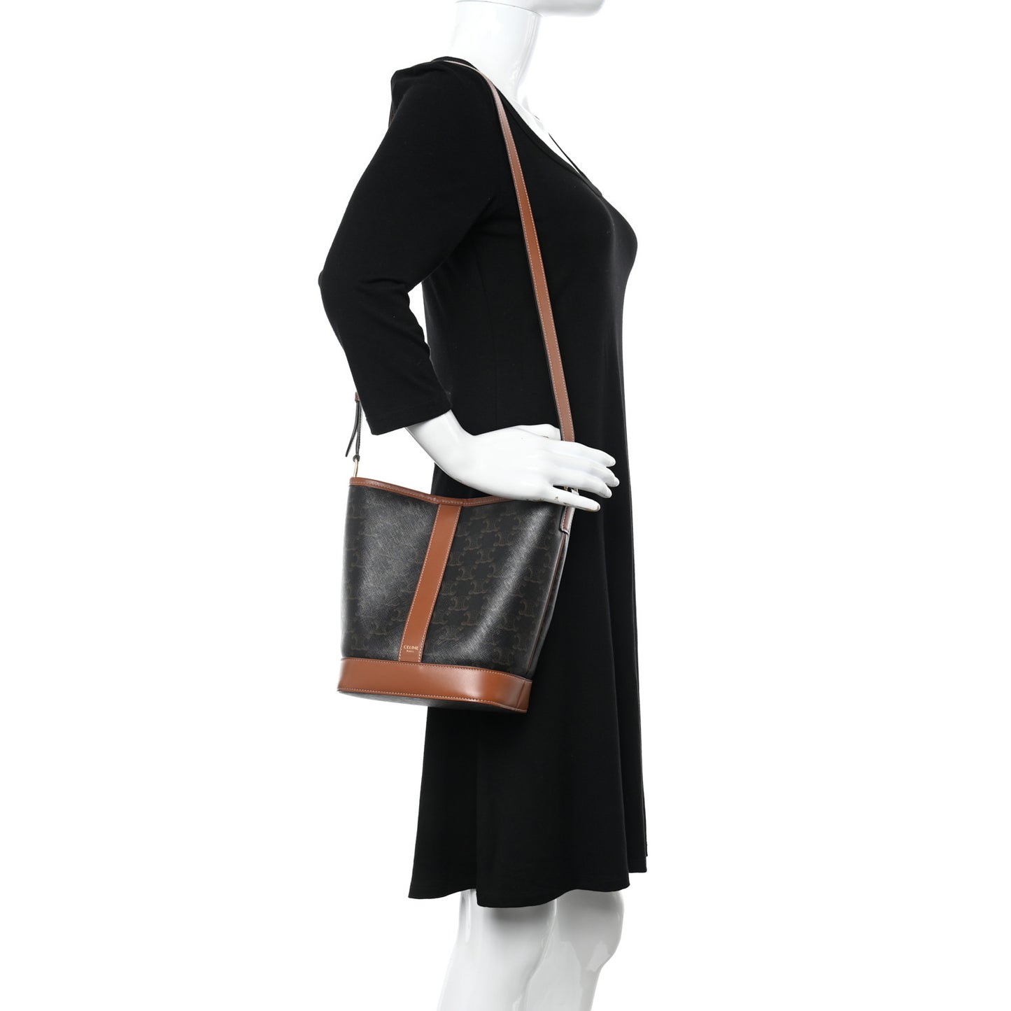 Triomphe Canvas Calfskin Small Bucket Bag Tan