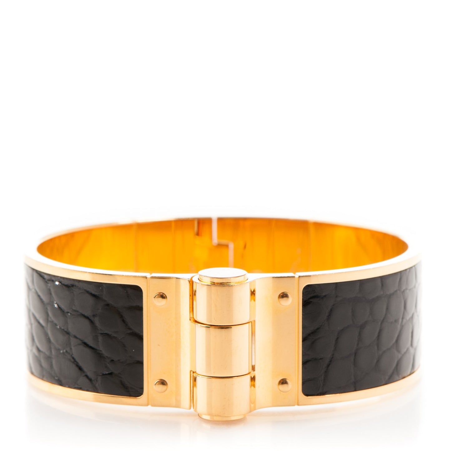 Shiny Alligator Charniere Cuir Wide Hinged Bracelet S Black