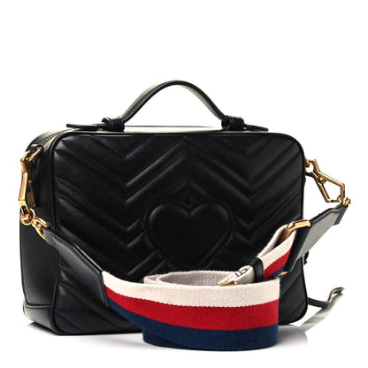Gucci Calfskin Matelasse Sylvie Web Small GG Marmont Top Handle Shoulder Bag Black 2 of 4