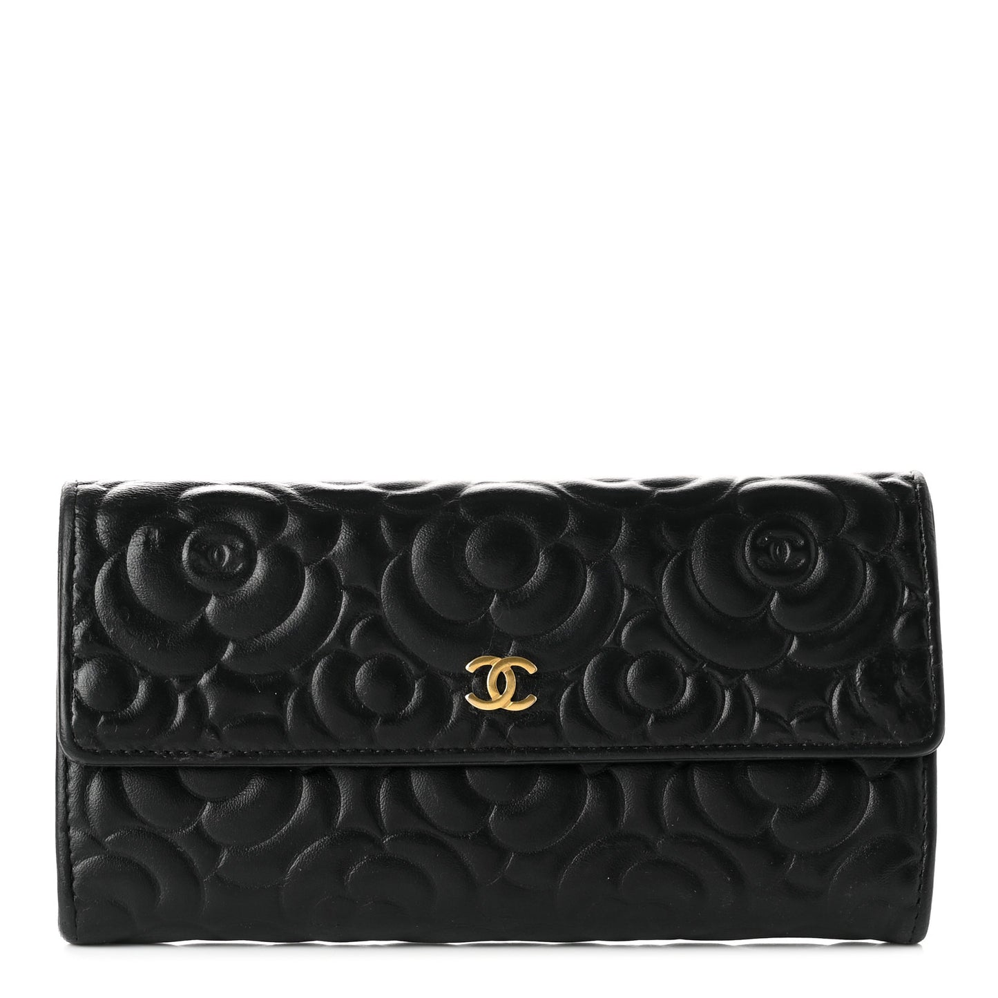 Lambskin Camellia Embossed Large Gusset Flap Wallet Black