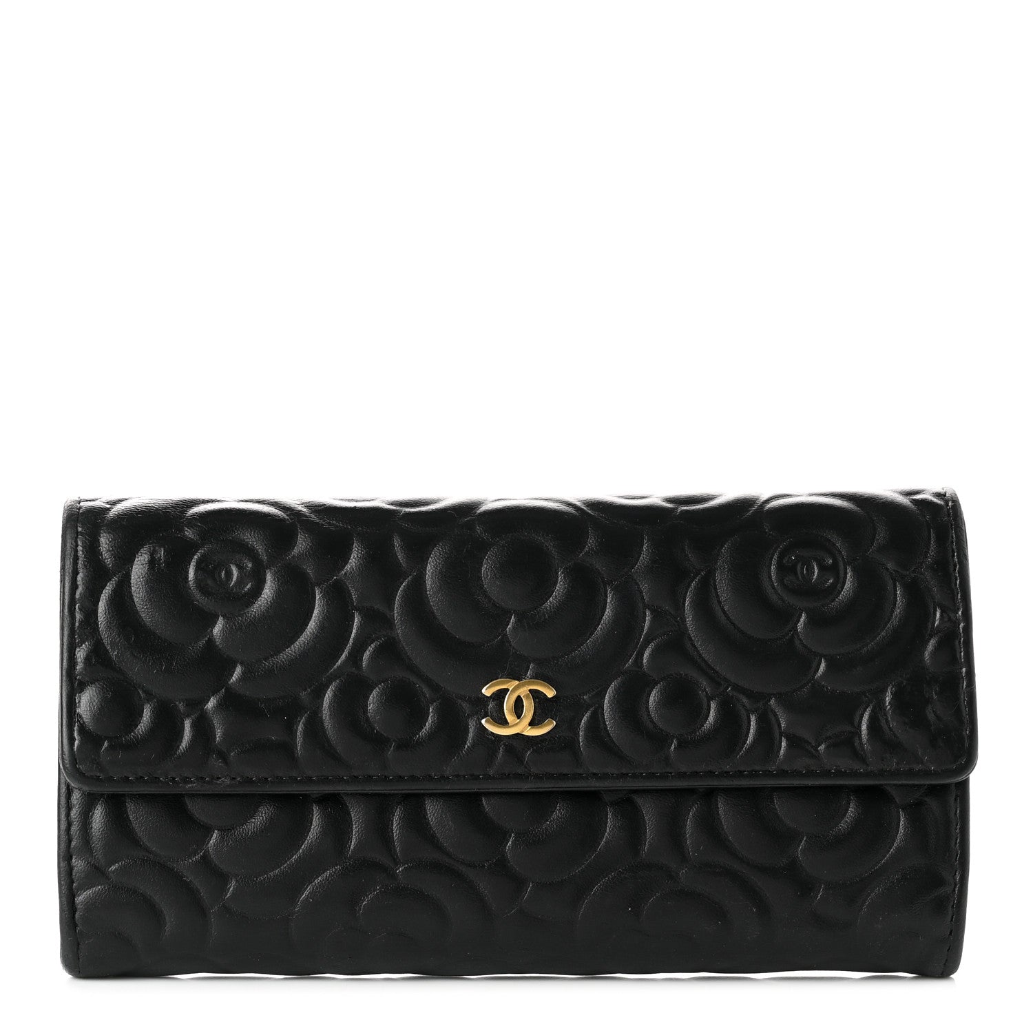 Chanel Lambskin Camellia Embossed Large Gusset Flap Wallet Black 1 of 8