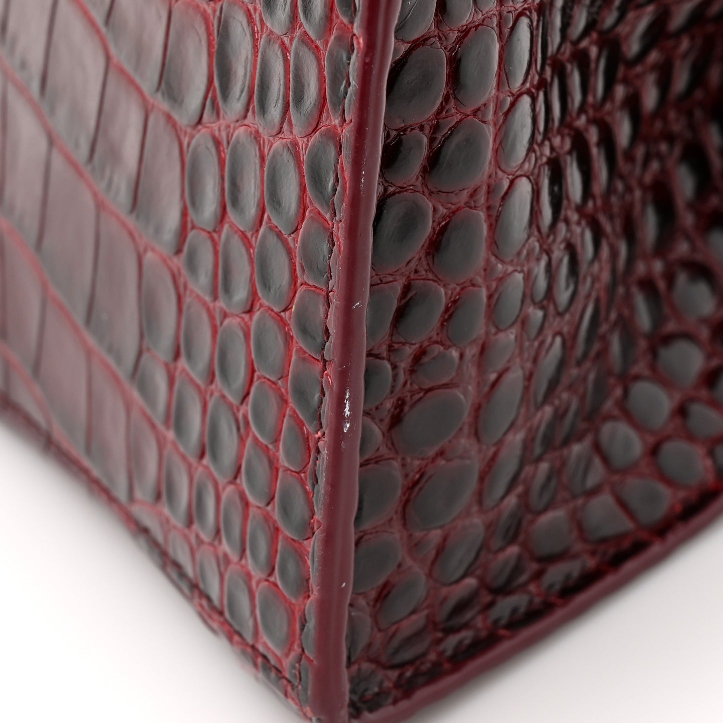 Shiny Calfskin Crocodile Embossed Small Hourglass Top Handle Bag Dark Red