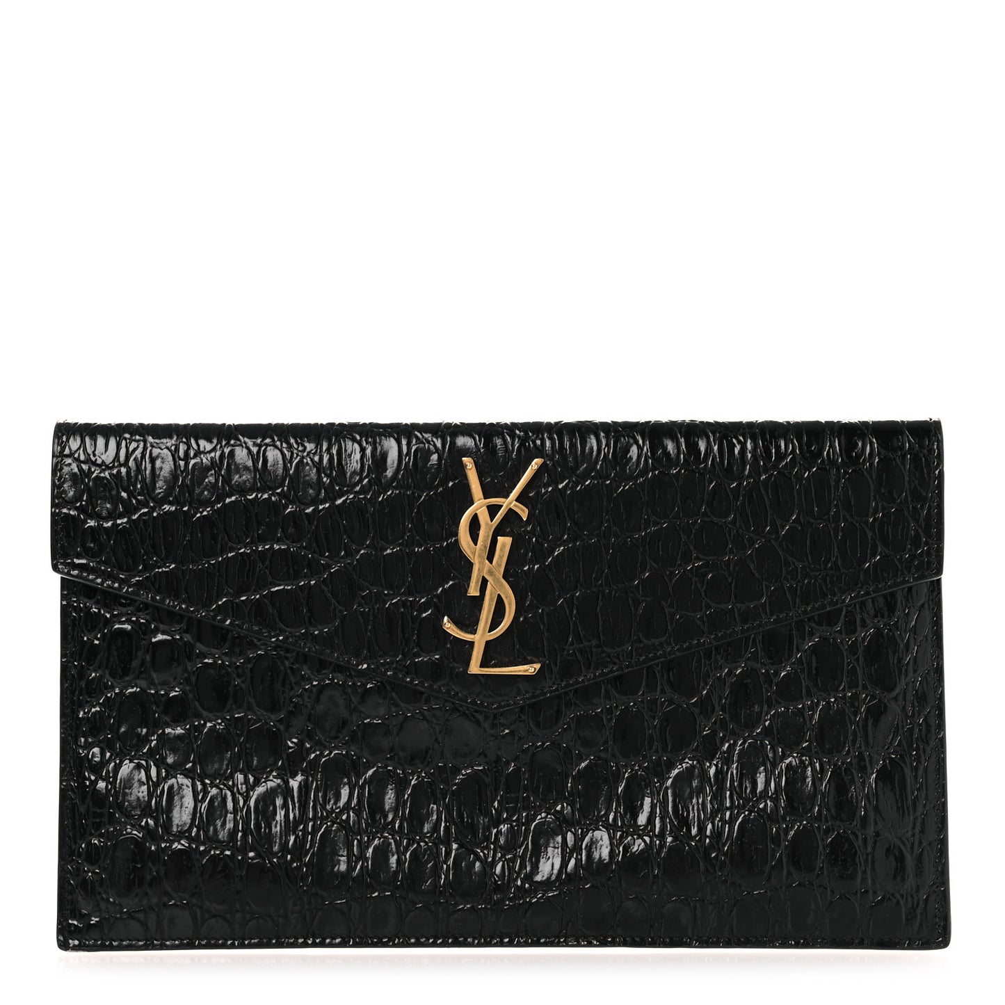 Calfskin Crocodile Embossed Uptown Monogram Clutch Black