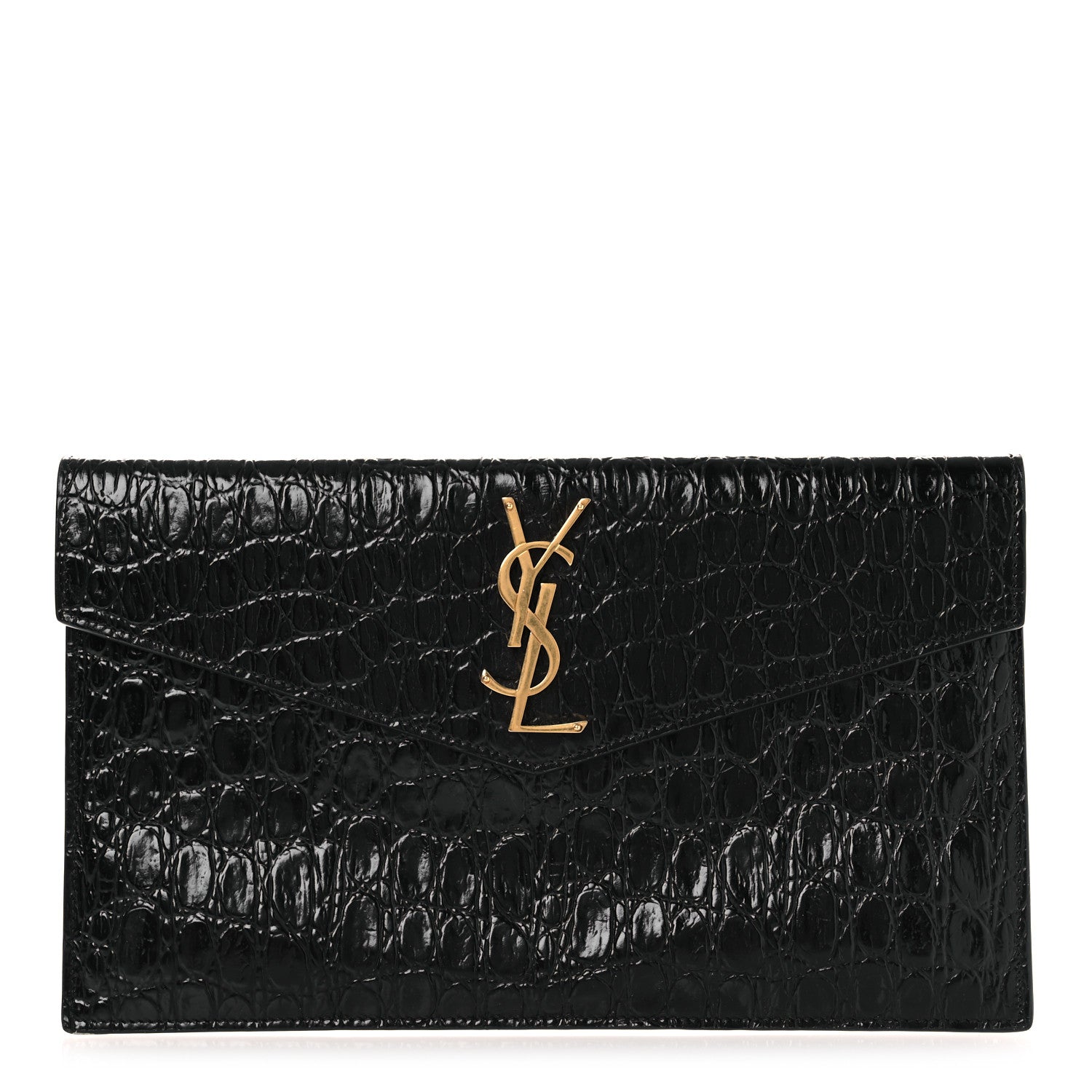 Saint Laurent Calfskin Crocodile Embossed Uptown Monogram Clutch Black 1 of 8