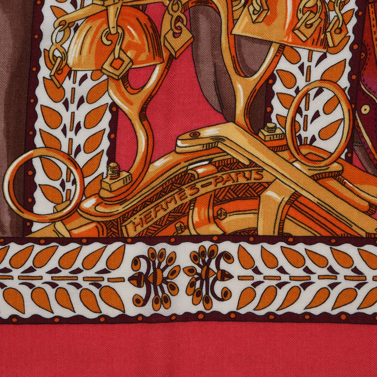 Hermes Cashmere Silk La Danse Du Cheval Marwari Shawl 140 Rose Vif Orange Fuchsia 4 of 5