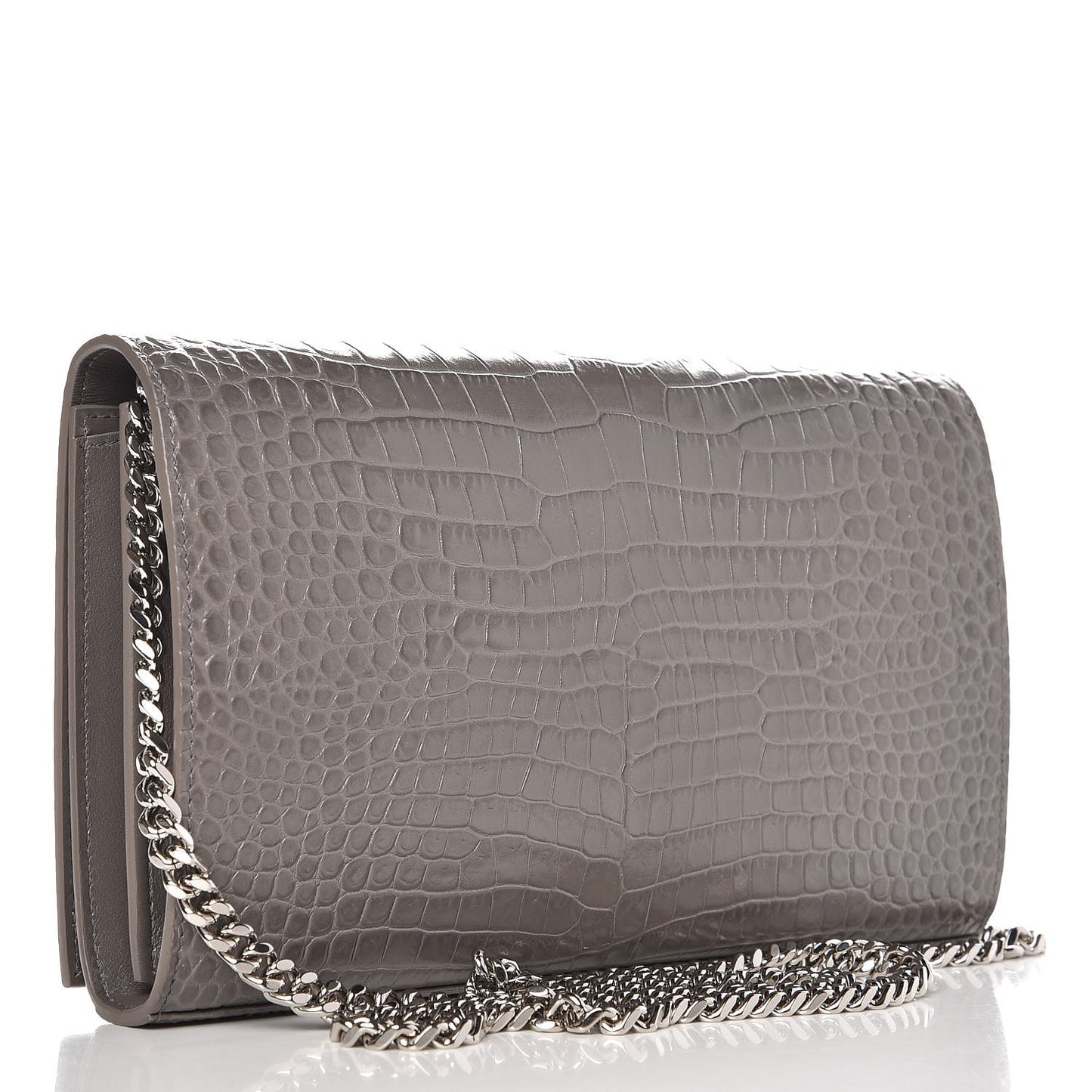 Calfskin Crocodile Embossed Monogram Chain Wallet Fog