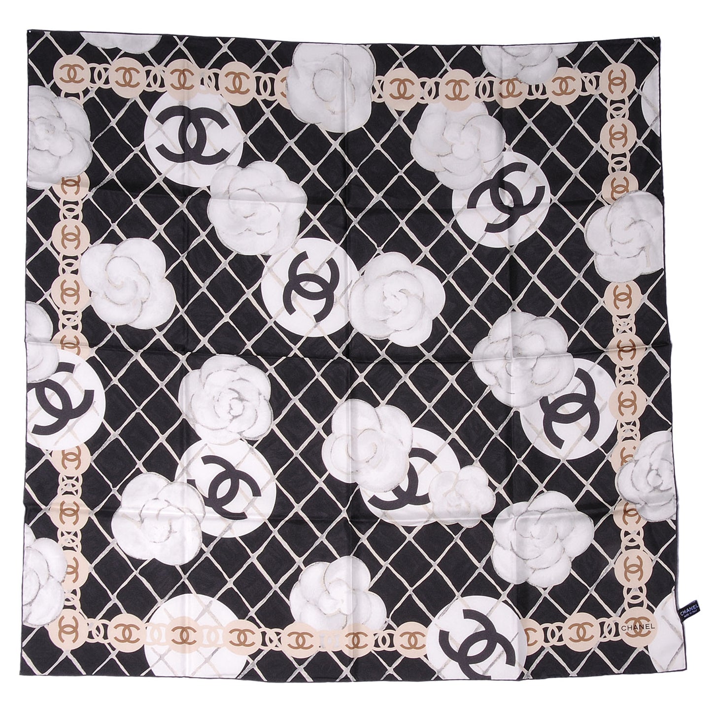 Silk CC Logo Camellia Scarf White Black