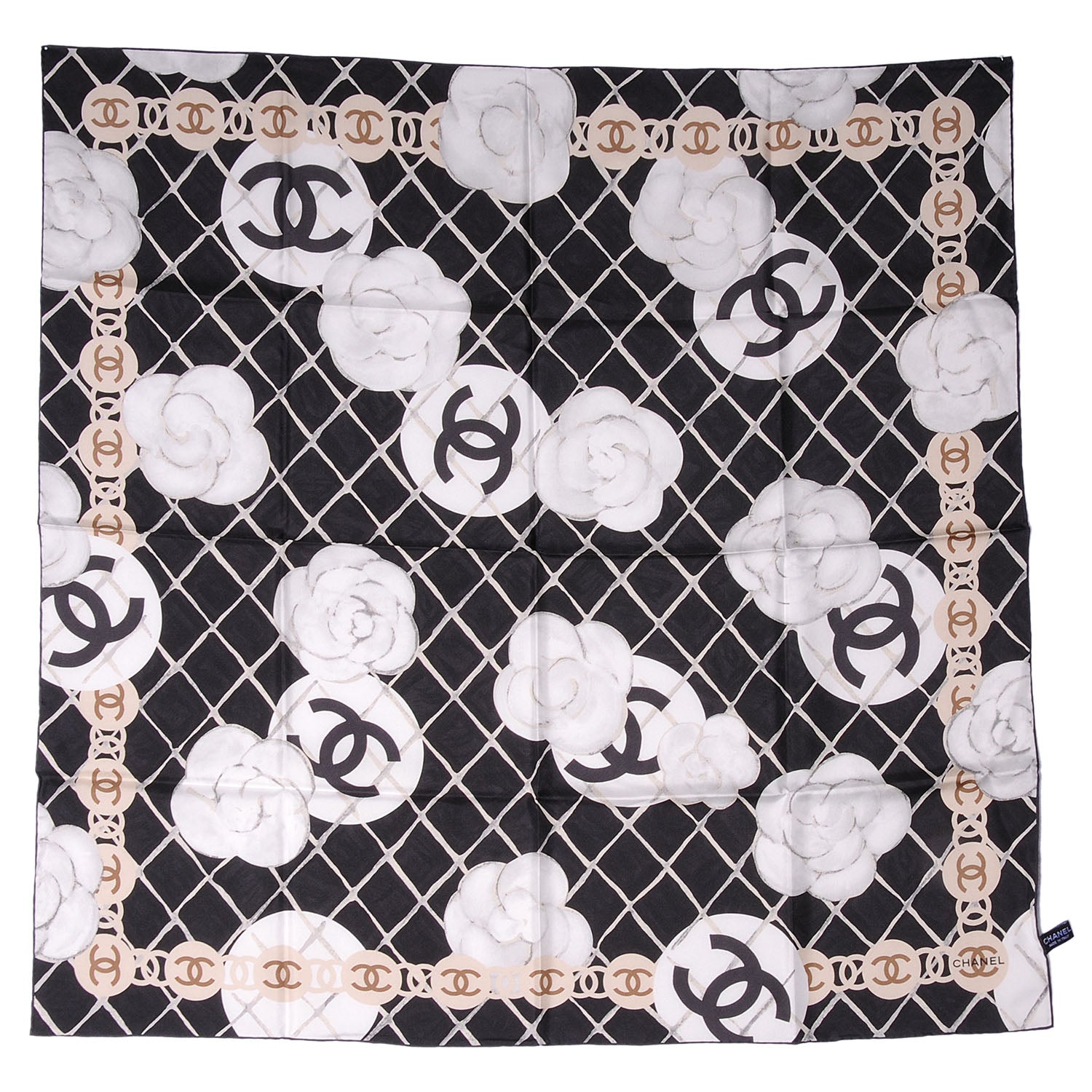 Chanel Silk CC Logo Camellia Scarf White Black 2 of 5