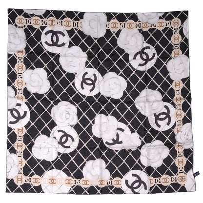 Chanel Silk CC Logo Camellia Scarf White Black 2 of 5