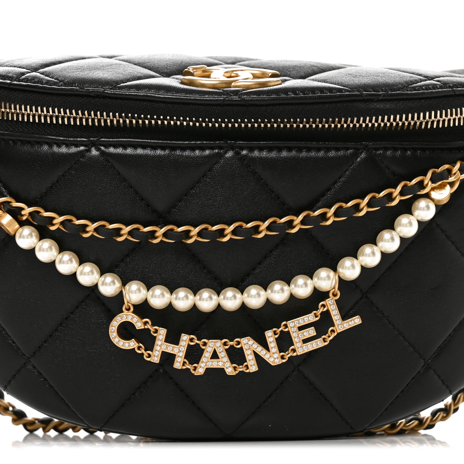 Chanel Shiny Lambskin Quilted Pearl Logo Waist Bag Black 8 of 10