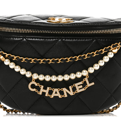 Chanel Shiny Lambskin Quilted Pearl Logo Waist Bag Black 8 of 10