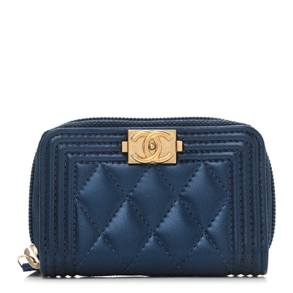 Chanel Metallic Lambskin Quilted Boy Zip Around Coin Purse Wallet Blue 1 of 8