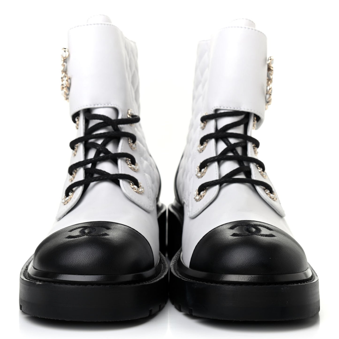Shiny Lambskin Quilted Lace Up Combat Boots 40 White Black