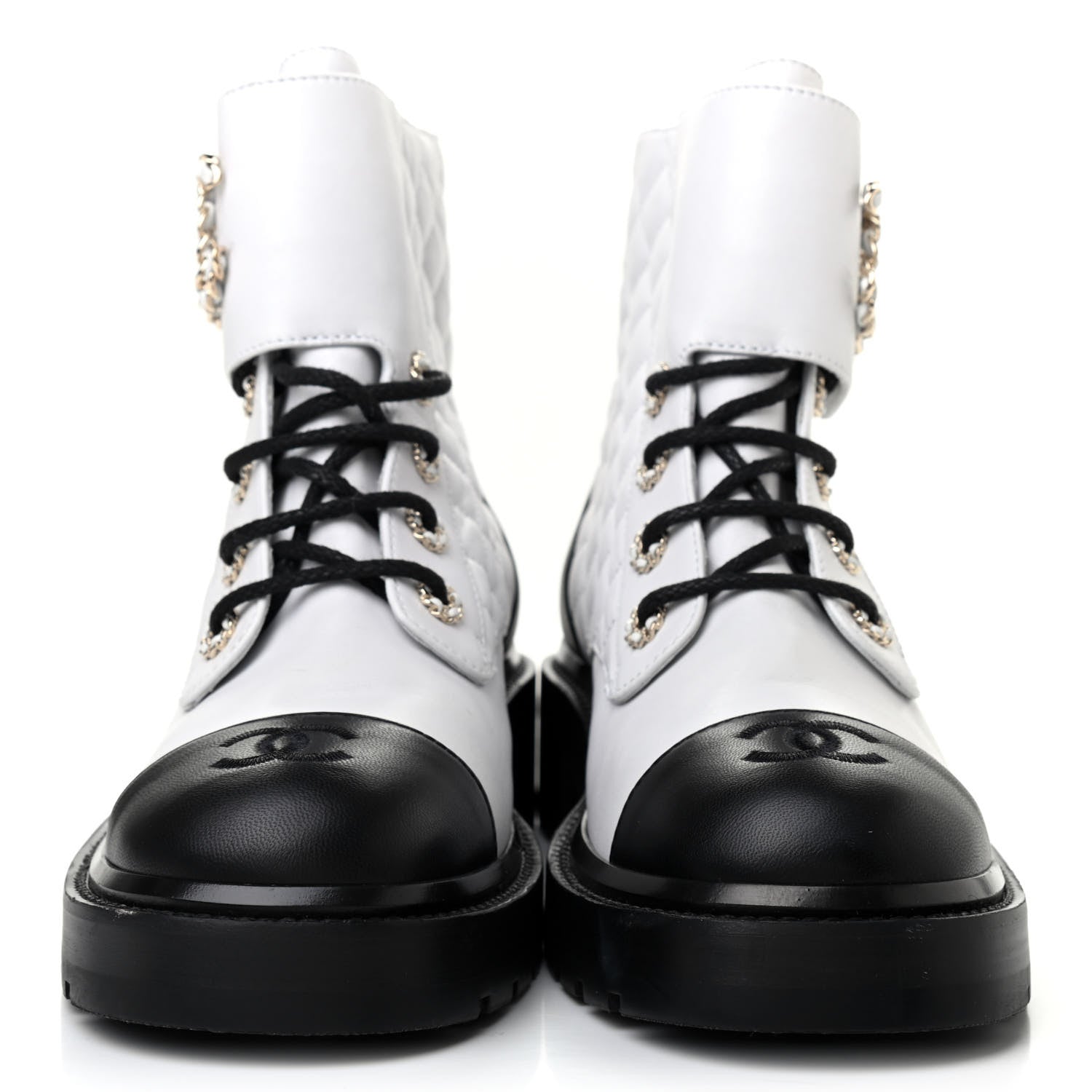 Chanel Shiny Lambskin Quilted Lace Up Combat Boots 40 White Black 2 of 7