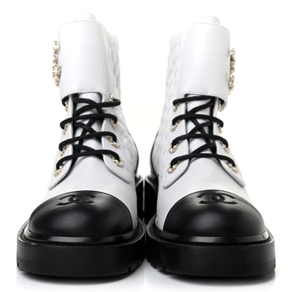 Chanel Shiny Lambskin Quilted Lace Up Combat Boots 40 White Black 2 of 7
