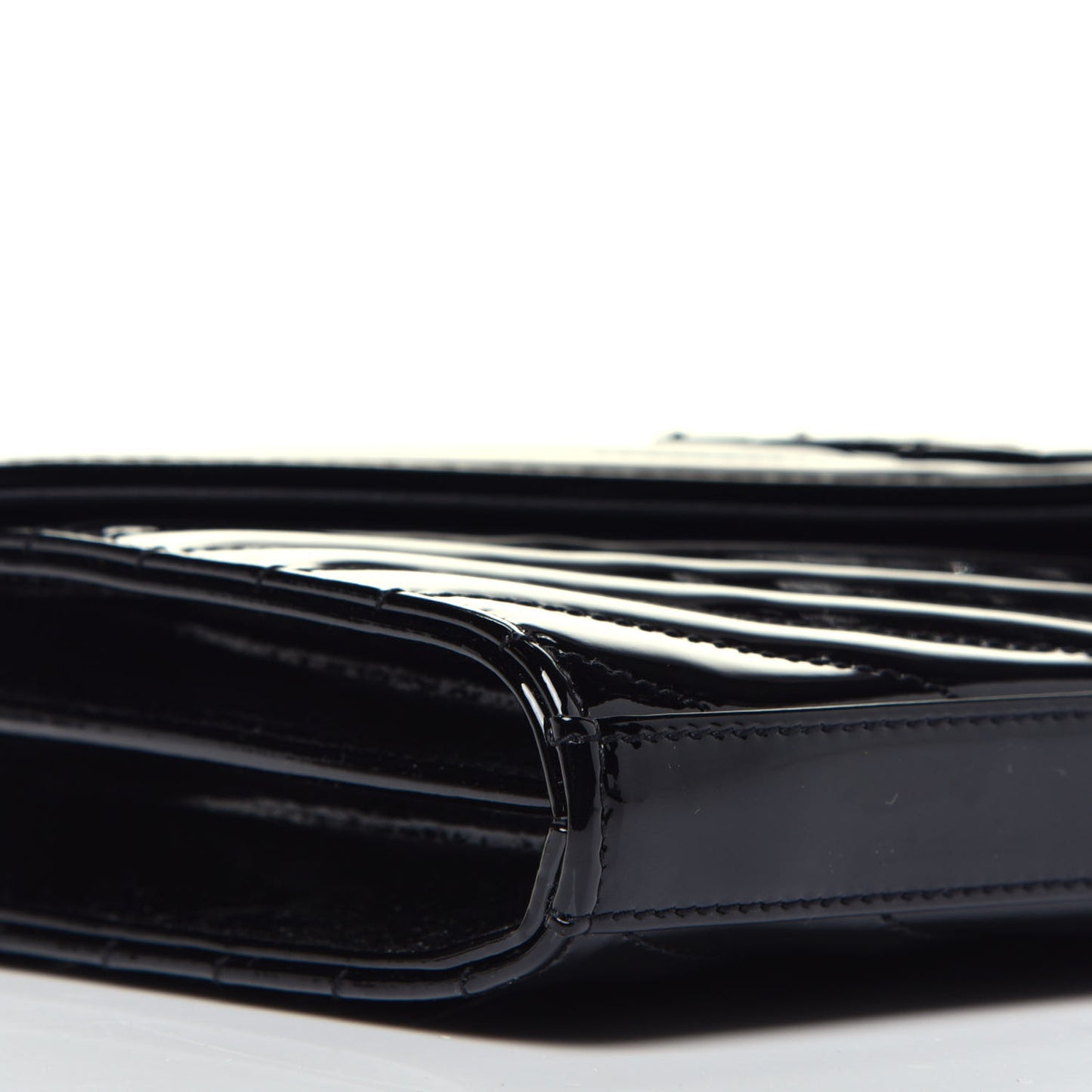 Patent Matelasse Chevron Monogram Chain Wallet Black