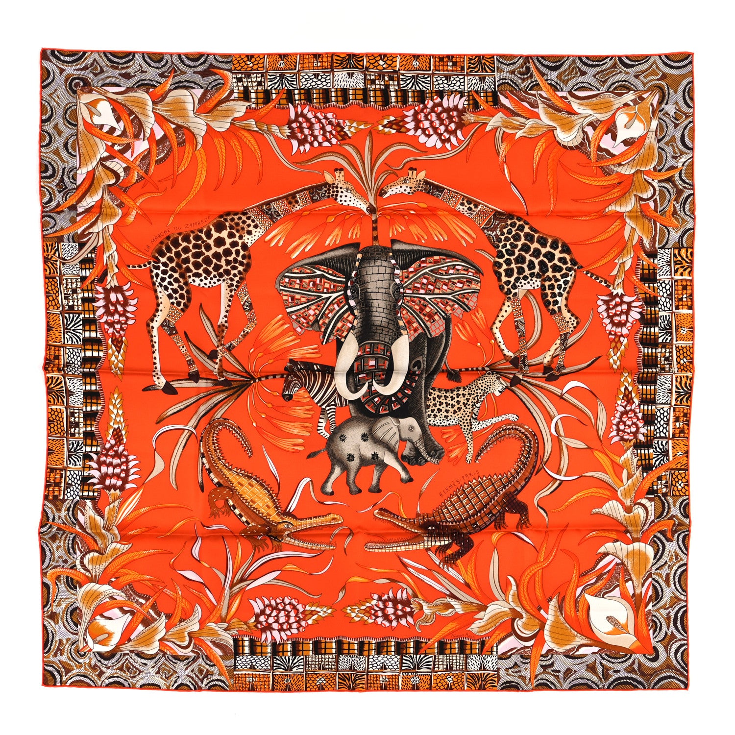 Hermes Silk La Marche Du Zambeze Scarf 90 Orange Brun Caramel 1 of 3